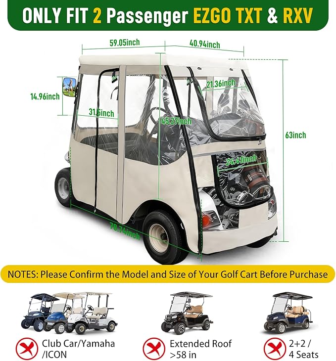 Golf Cart Deluxe Driving Enclosure 2 Passengers Fits EZGO TXT & RXV Golf Cart, Fits Short Roof 40.94" W and 59.05" L, Clear Window with Door Zippers 600D Heavy Duty Drivable Rain Covers