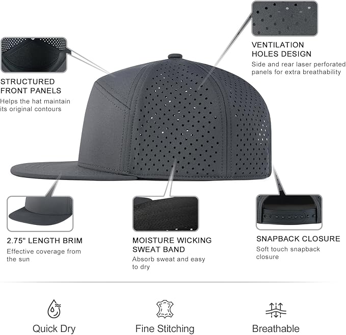 FEINION Men Flat Brim Adjustable Performance Hat Snapback Laser Perforated Baseball Cap