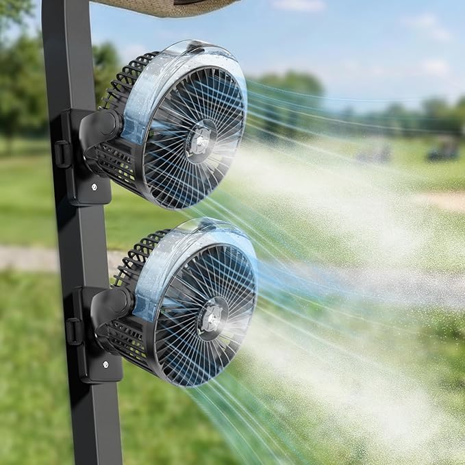 BOYISEN Magnetic Golf Cart Misting Fan Rechargeable, 12000mAh Battery Operated USB Portable Fan with 4 Speeds, Spray, LED, Timers, Ideal for Club Car, Golf Cart & Cruise Ship Travel Accessories 2-Pack