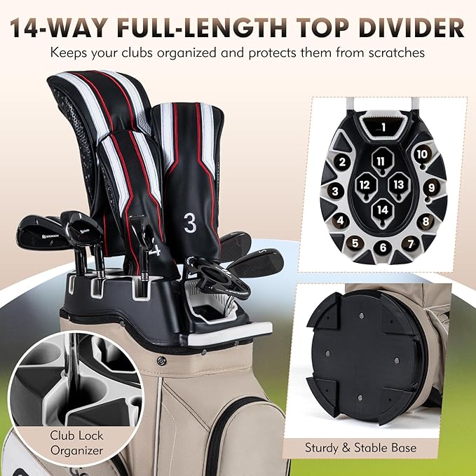 Tangkula Golf Cart Bag with 14-Way Full Length Dividers, 6 Molded Lock Top Golf Club Bag with 11 Pockets, Cooler Bag, Padded Strap, Handles, Umbrella Holder & Rain Hood