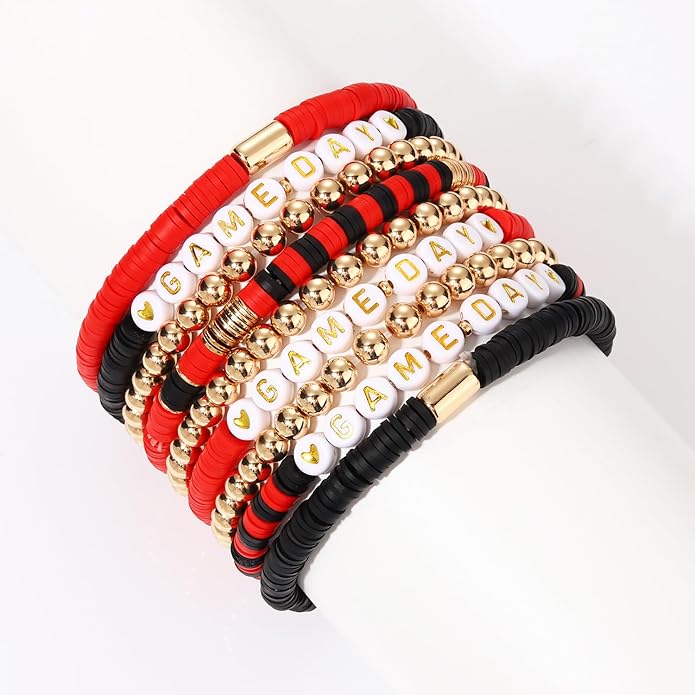 NLCAC 9 Pack Game Day Bracelets Stackable Heishi Beaded Stretchy Bracelet Preppy Jewelry Baseball Football Team Bracelets Sports Fan Accessories Gifts