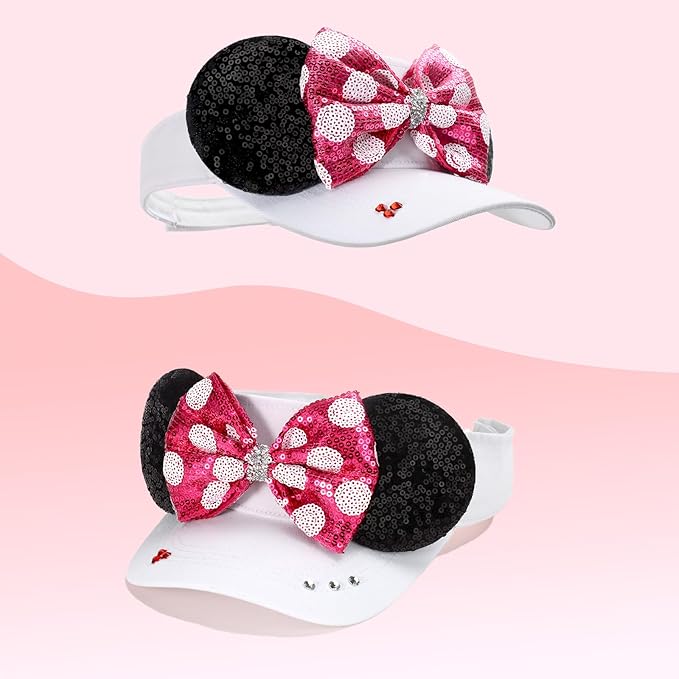 Adult Size Mouse Ears Visors for Women, Adjustable Sun Visor Hat Baseball Cap with Sequin Mouse Ears Bow for Theme Park Decor