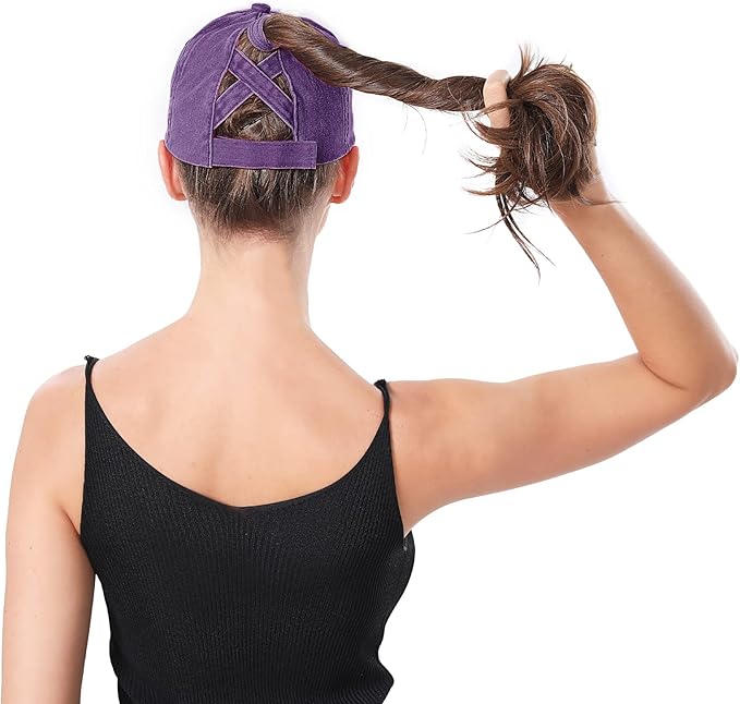 Criss Cross Ponytail Hat Women Washed Distressed Baseball Caps Adjustable High Messy Bun Ponycap