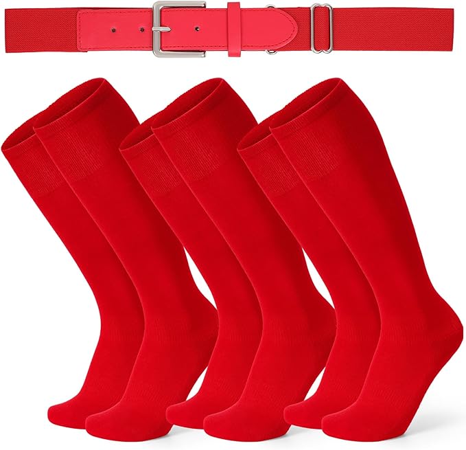 XZQTIVE 3 Pairs of Baseball Softball Socks and 1 Baseball Softball Belt Combo Set Knee-High Soccer Socks for Kids Youth Adult