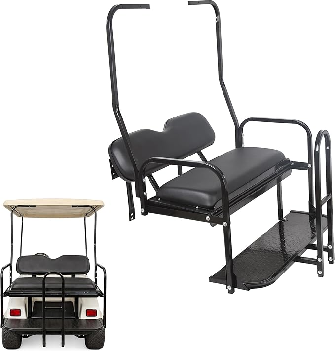 ECOTRIC Golf Cart Folding Rear Seat Kit W/Grab Bar Compatible with Club Car DS (1982-2000.5) Models Back Flip Seat Black