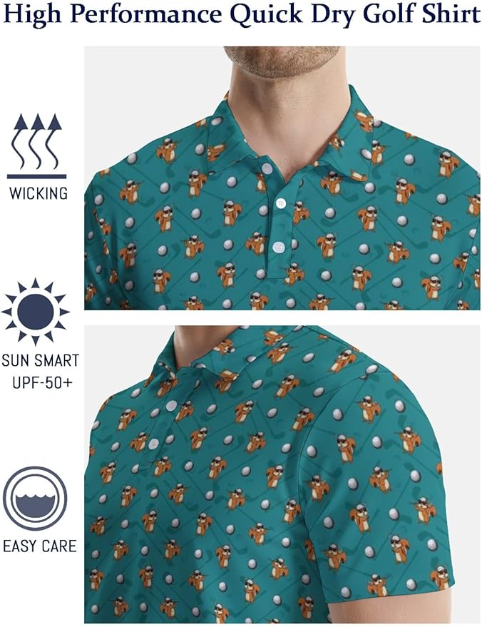 HUURAY Funny Golf Polos for Men Funny Print Short Sleeve Shirts Quick Dry Polo Shirts Hawaiian Shirt Performance Golf Outfits