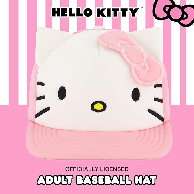 Hello Kitty Baseball Cap, Women's Snapback Hat with Flat Brim and 3D Ribbon and Ears