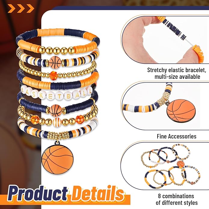 Huquary 8 Pack Sports Bracelets for Women Mom Soccer Baseball Football Volleyball Basketball Stackable Heishi Clay Beaded Bracelet Accessories Fan Outfits Jewelry Gifts for Sports Party Favor
