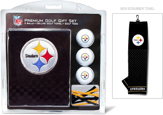 Team Golf NFL Pittsburgh Steelers Gift Set: Embroidered Golf Towel, 3 Golf Balls, and 14 Golf Tees 2-3/4" Regulation, Tri-Fold Towel 16" x 22" & 100% Cotton