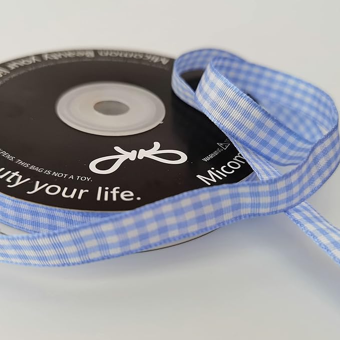 Light Blue Gingham Plaid Checked Ribbon 25 Yard Each Roll 100% Polyester - Image 6