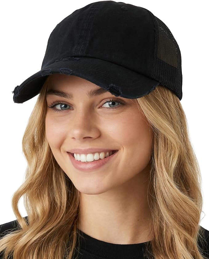 Funky Junque Trucker Hat for Women – Distressed Low Profile Western Camo Baseball Cap with Mesh, Trendy and Adjustable Fit