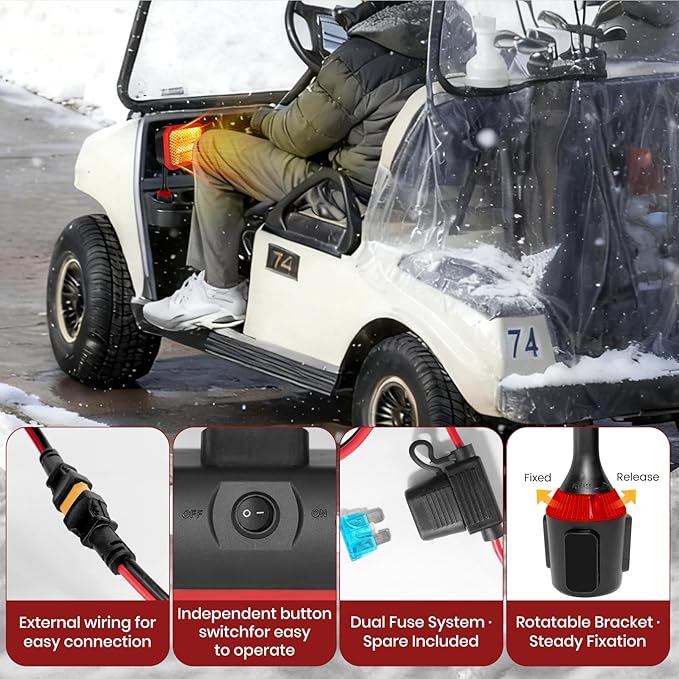 Electric Golf Cart Heater (2nd Gen) with 360 Degree Adjustable Angle, Battery Powered Golf Cart Heater, 400W Silent Carbon Fiber Heating for Club Car/Yamaha/EZGO Golf Cart
