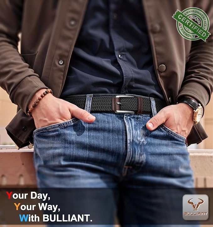 BULLIANT Belt for Men 2Pack,Mens Gift Stretch Braided Web Belt Elastic for Casual Golf Jeans,1 3/8"