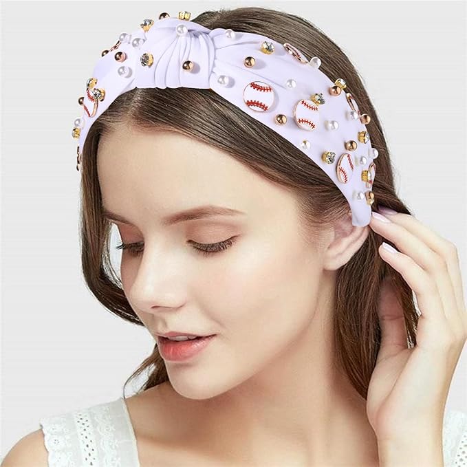 Baseball Headband for Women Baseball Accessories Beaded Crystal Pearl Knotted Headbands Baseball Charm Embellished Headbands Wide Top Knot Sports Game Day Headband Gifts (A-White)