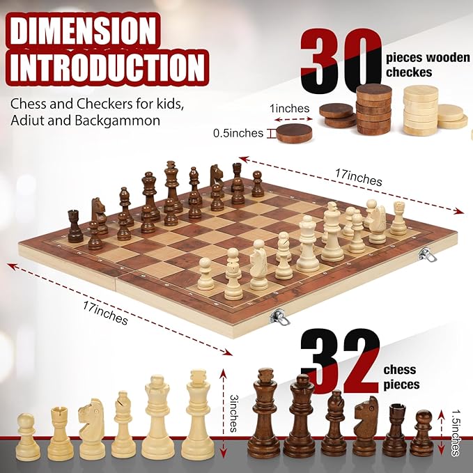 Chess Checkers Backgammon 3-in-1 Board Games Sets, Wooden Chess Set - Image 4