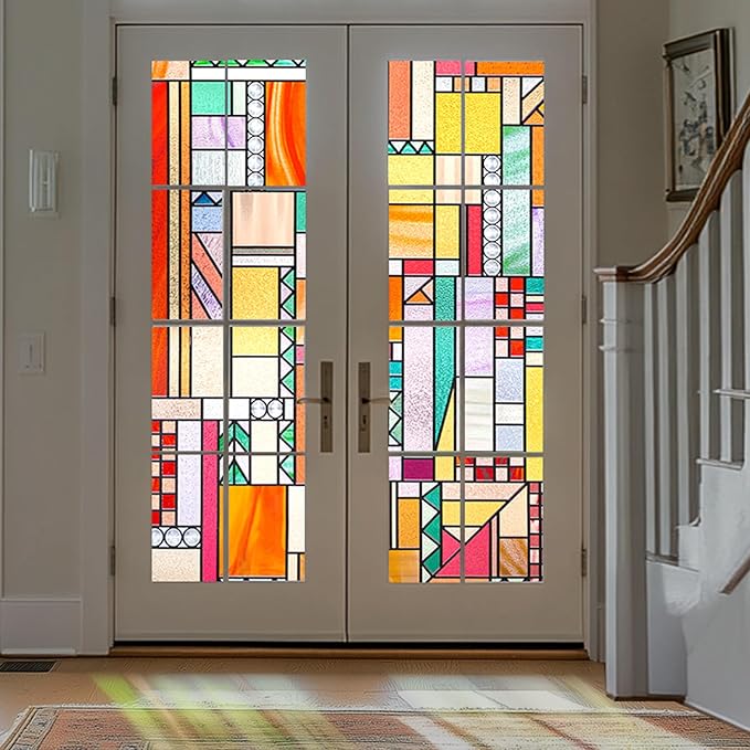 3D Stained Glass Window Privacy Film, Heat Control UV Blocking Static Cling by OHTMERU