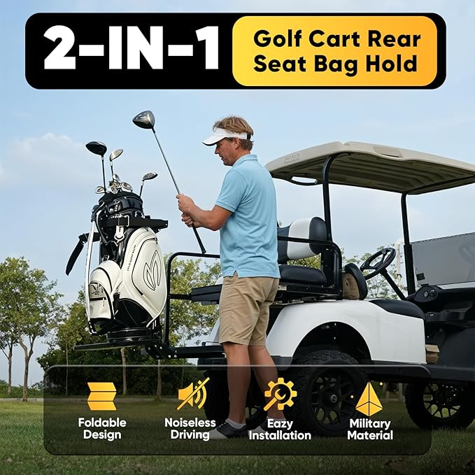Golf Cart Bag Holder, Rear Seat Bag Rack for Golf Cart, Fits Safety Grab Bar up to 8-Inch Wide, Compatible with EZGO/Club Car/Yamaha, Foldable Design, Quick No-Drill Install