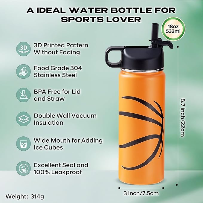 Basketball Water Bottles for Boys 18 oz and 100 PCS Basketball Stickers Sports Insulated Stainless Steel Water Bottle Basketballs Accessories Stuff Gear Gifts For 8-12 12-14 Player