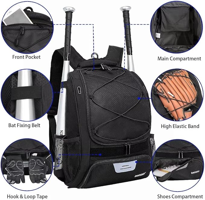 DAFISKY Baseball Bag Softball Backpack - Youth Adult T Ball Bat Equipment Bag with Bat Helmet Holders, Shoe Compartment