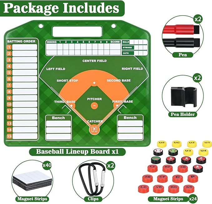 Magnetic Baseball Lineup Board for Dugout with Reinforced Edges - Double-Sided Dry Erase Coaching Clipboard, 30 Lineup Card/ 24 Pawns/2 Marker/2 Hook