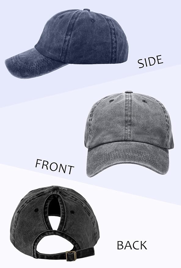 Womens Vintage Washed Distressed Baseball-Cap with Ponytail Hole Sport Golf Hat
