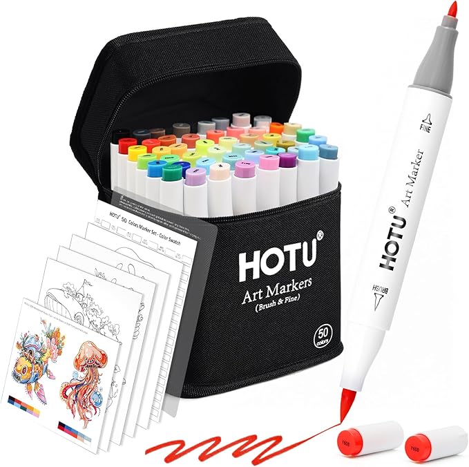 Alcohol Markers Brush and Fine Tip 50 Colors Dual Tips Art Marker Set by HOTU