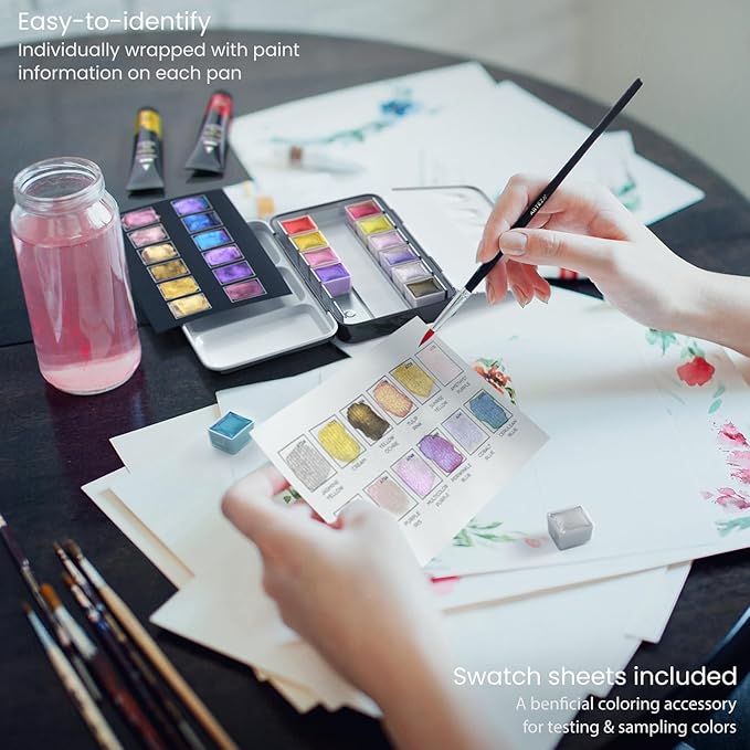 ARTEZA Metallic Watercolor Paint Set – 12 Iridescent Half Pans, Compact Travel - Image 3