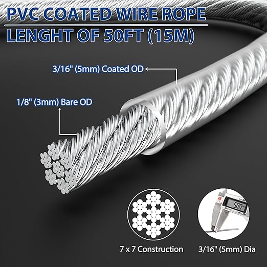 3/16" Wire Rope, 50Ft PVC Coated Steel Cable 7×7 Strand Core, Ideal Cable - Image 2