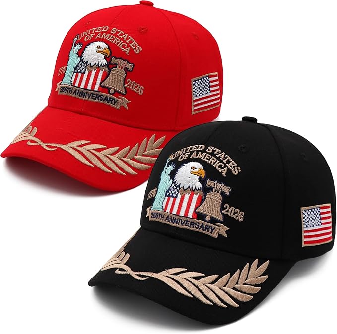 2 Pack 250 Anniversary USA Hat Embroidered Eagle & Liberty，Adjustable Patriotic American Flag Baseball Caps for Men Women