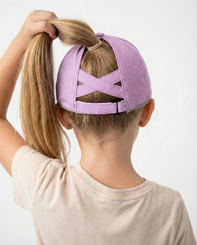 Little Girls Reflective Baseball Cap Criss Cross Ponytail Hat Kids Quick Dry Mesh Summer Sports Hat for Toddler Ages 3-8