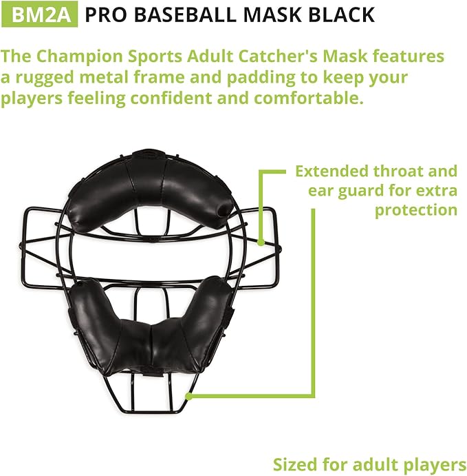 Champion Sports Pro Baseball Adult Mask - Umpires and Catchers - Extra Protection - Extended Guards - Adjustable Harness Baseball Mask - Adult Size,Black