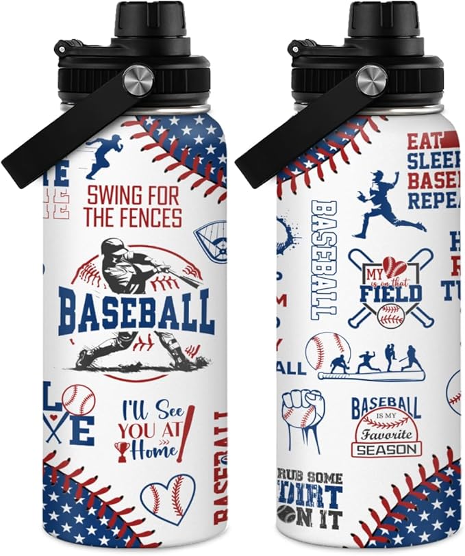 Baseball Water Bottle - 32oz Stainless Steel Insulated Sport Bottles with Lid - Men Baseball Lover Player Fan Coach