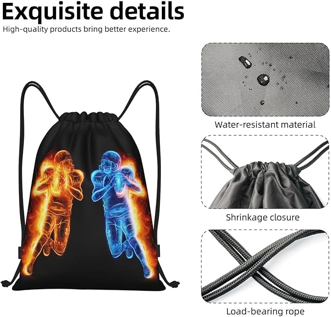 Football Drawstring Bags for Kids Teens Boys, Cool Sports Drawstring Backpack with Printed Two Playing Football Men Pattern, Black Casual Knapsack for Adults for Gym Hiking Swimming Beach Yoga, Medium