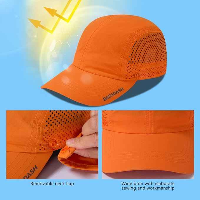 BASSDASH UPF 50+ Foldable Fishing Hat Baseball Cap with Removable Neck Flap Portable for Men Women Golf Hiking
