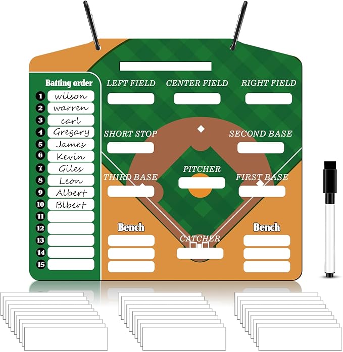 Geyee 34 Pcs Magnetic Baseball Lineup Board for Coach, Erases Easily Magnetic Dugout Board Softball Coaching Board with 30 Lineup Cards 2 Snap Hooks and Marker Pen