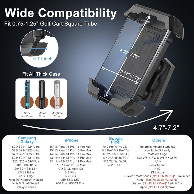 Golf Cart Magnetic Phone Holder Mount with 4 Vibration Dampeners and Anti Shake for EZGO/Club Car/Yamaha, Cell Phone Caddy with Upgrade N52 Magnets for 4.7"-7.2" iPhone/Samsung/Google Pixel