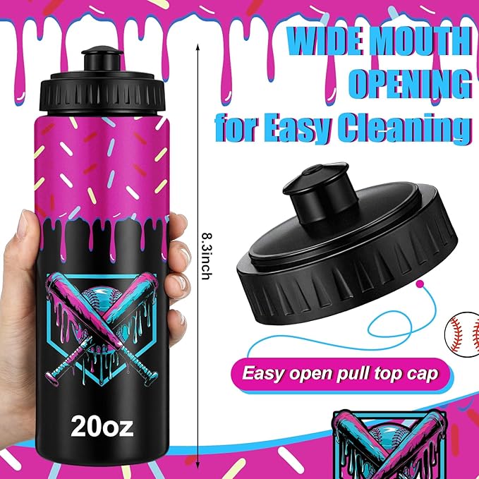 12 Pcs Baseball Drip Ice Cream Water Bottle Bulk Birthday Party Reusable Sports Bottle 20 oz Baseball Accessories Gifts School Sports