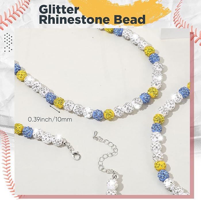 Landical 12 Pcs Bling Baseball Necklace Ice Beaded Baseball Necklace Cool Gifts Bulk for Team Players Lovers Fans