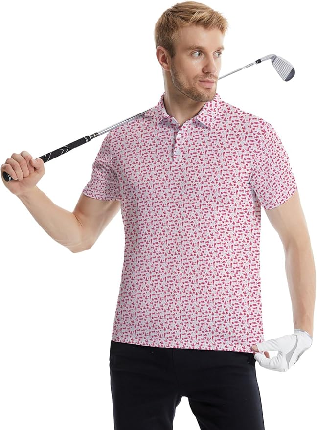 HUURAY Funny Golf Polos for Men Funny Print Short Sleeve Shirts Quick Dry Polo Shirts Hawaiian Shirt Performance Golf Outfits