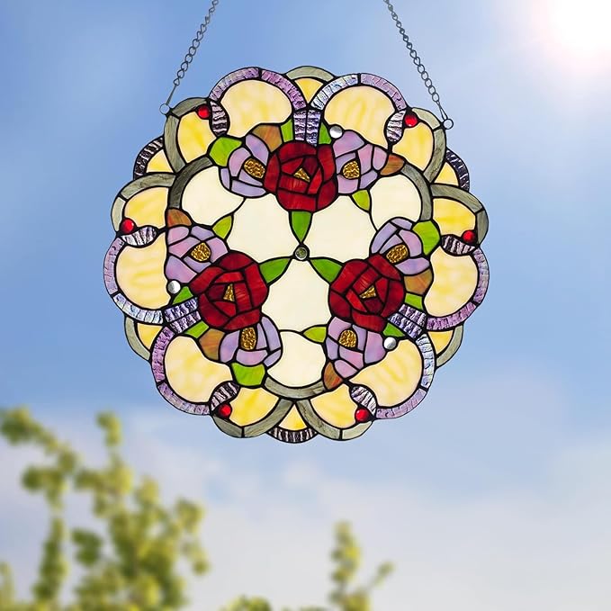PA0001 Rose Flowers Stained Glass Window Panel W 16" x H 16" Window Suncatcher by HomeBeauty
