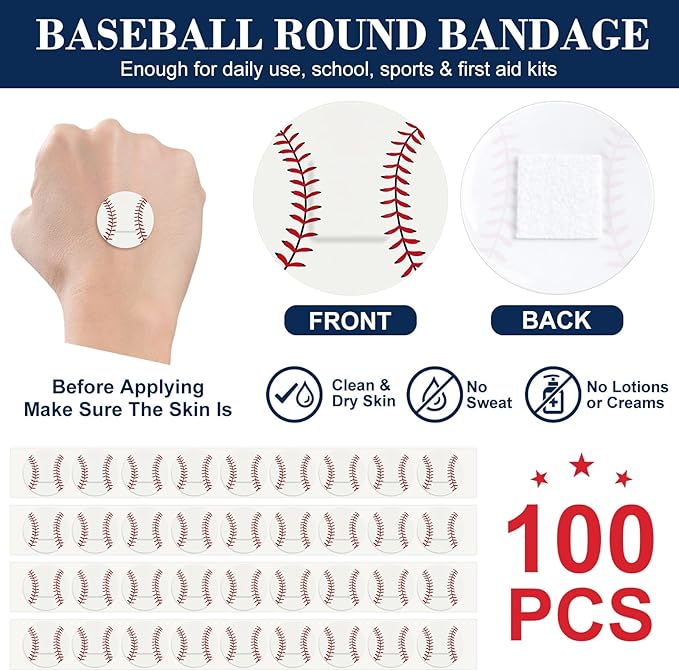 100 Pack Baseball Bandages 1 Inch Round Baseball Shape Dot Sports Adhesive Bandages for Small Wounds Scrapes First Aid Supplies for Athletes