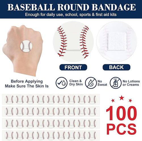 100 Pack Baseball Bandages 1 Inch Round Baseball Shape Dot Sports Adhesive Bandages for Small Wounds Scrapes First Aid Supplies for Athletes