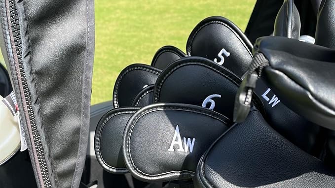 All Teed Up Premium Magnetic Leather Iron and Wedge Golf Club Head Covers | Set of 10 | Fits Most Clubs | Embroidered Club Label on Both Sides of Club Head Cover