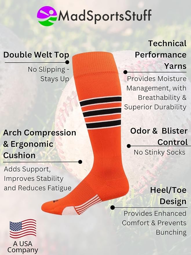 MadSportsStuff Softball Socks Baseball Socks | White & Team Colors | USA Made | Sizes for Girls, Youth Boys, Men & Women