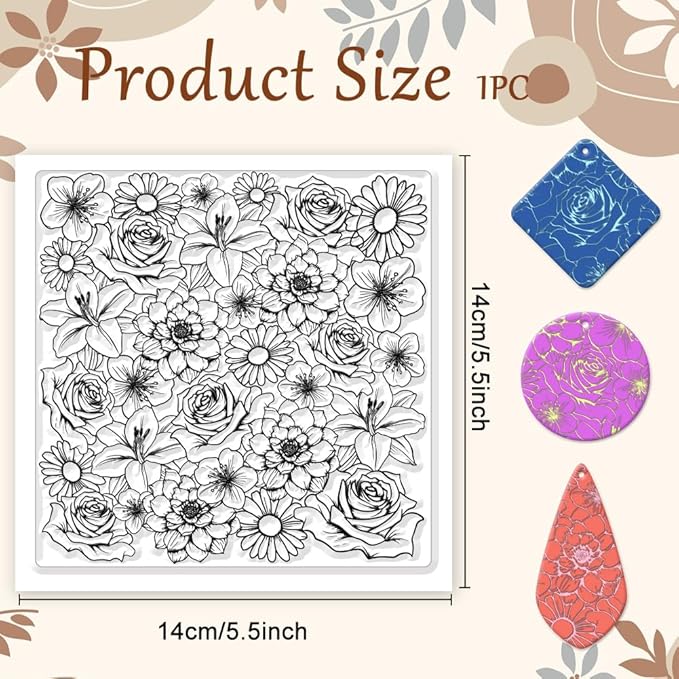 CHGCRAFT Flowers Polymer Clay Texture Sheets Rose Daisy Silicone Texture Stamp - Image 2