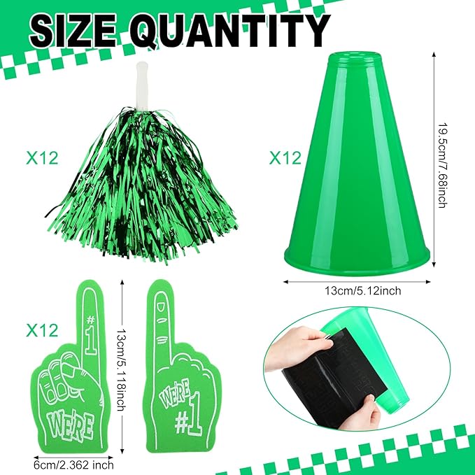 12 Set Team Spirit Accessories for Cheerleading Cheer Megaphone Pom Poms and We're #1 Fan Foam Finger Cheerleader Gifts for Sports Events Football Baseball Cheering Supplies
