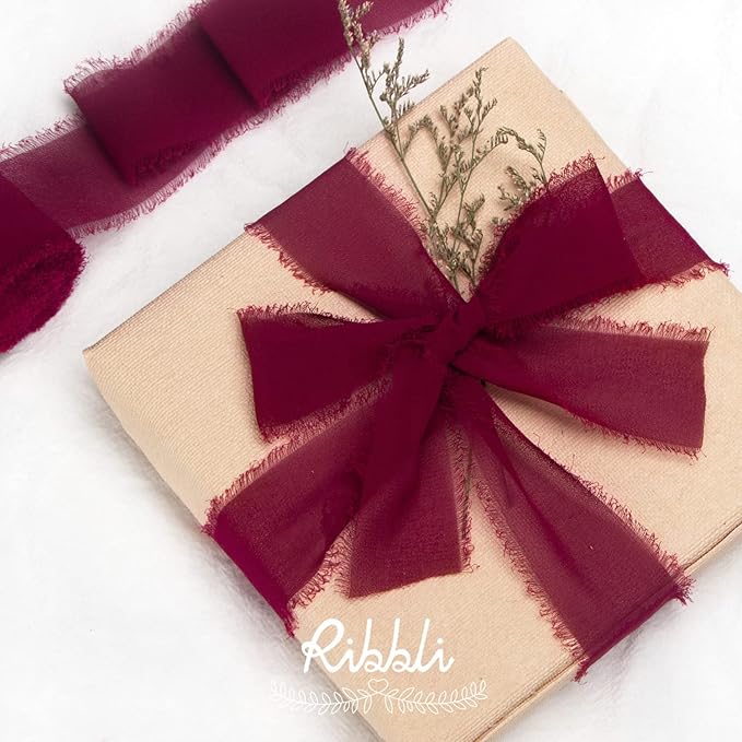 Ribbli Burgundy Chiffon Ribbon 1-1/2 inch x 20 Yard Handmade Fringe Chiffon - Image 4
