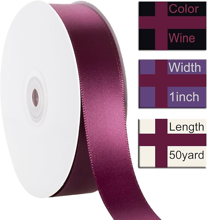 1 Inch Wine Ribbon, 50 Yards Craft Polyester Satin Ribbon Perfect - Image 2