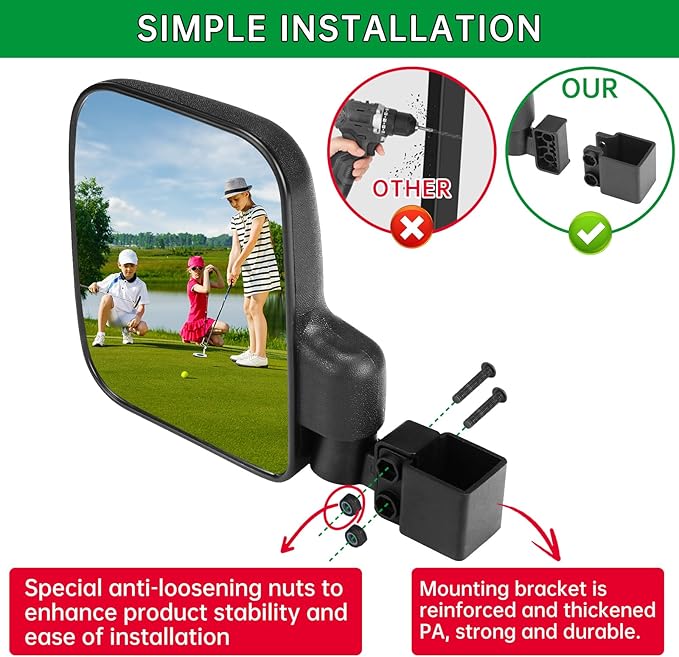 Golf Cart Mirror, Upgraded Hassle-Free Installation 3 Sizes for Square Tube Roll Cage Compatible with Club Car Onward DS,Yamaha Drive 2 G22 G29,EZ GO Medalist RXV TXT,ICON,Cushman,Tomberlin
