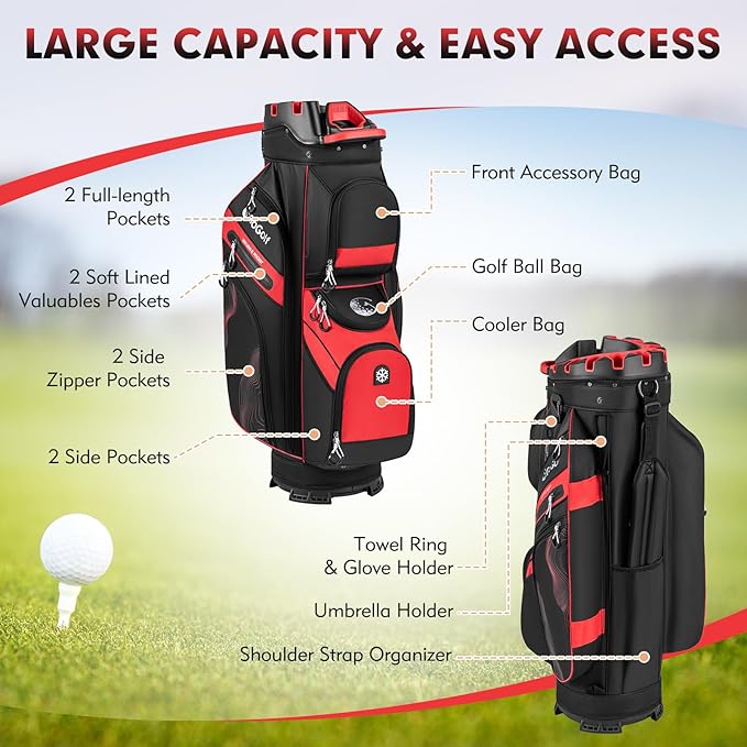 Tangkula Golf Cart Bag with 14-Way Full Length Dividers, 6 Molded Lock Top Golf Club Bag with 11 Pockets, Cooler Bag, Padded Strap, Handles, Umbrella Holder & Rain Hood